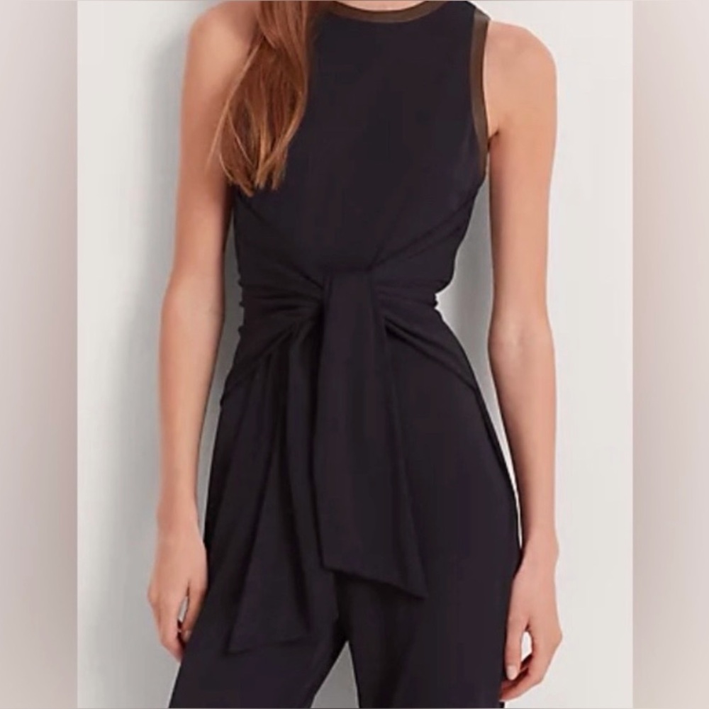 Lauren Ralph Lauren Navy Tie-Front Jersey Sleeveless Jumpsuit Brown Trim XL - Picture 2 of 11